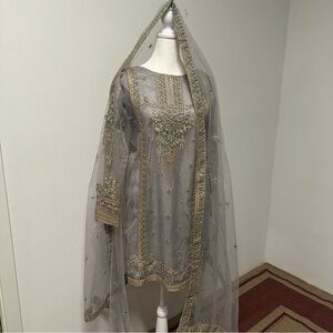 Elegant Grey Embroidered 3-Piece Gharara Set | Formal / Nikkah Outfit